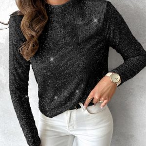 Allover Sequin Mock Neck Long Sleeve Tee Casual Hollow-out Back Top, women T-shirt & Tees, ChicMe catalog