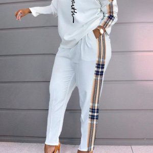 Letter Plaid Print Long Sleeve Top & Pants Set, Two-piece Sets, chicme - Women's Fashion Online