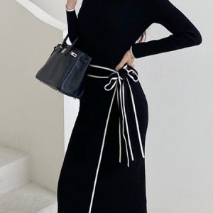 Tight Elegant Turtleneck Long sleeve Midi Dress, Midi Dresses, color:Black|size:XXL, Stylewe