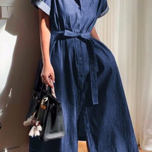Plain Casual Shirt Collar Regular Fit Dress, Midi Dresses, color:Dark Blue|size:XXL, Stylewe