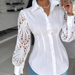 Turn-down Collar Hollow-out Guipure Lace Long Sleeve Button Front Blouse Casual Pleated Design Asymmetrical Hem Top, women Blouses & Shirts, ChicMe catalog