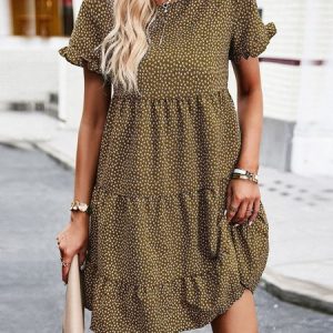 Women Polka Dots Crew Neck Short Sleeve Comfy Casual Short Dress, Short, color:Brown|size:XL, catalog Noracora shop