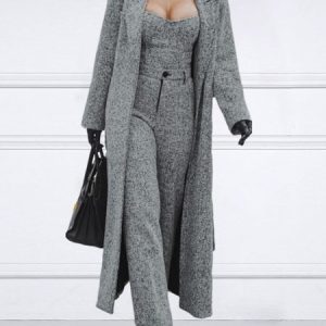 Urban Lapel Collar Long Sleeve Plain Coat With Belt, Coats, color:Gray|size:XXL, Stylewe