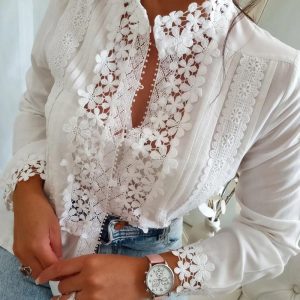 Floral Pattern Lace Patch Long Sleeve Top, Blouses & Shirts, chicme - Women's Fashion Online