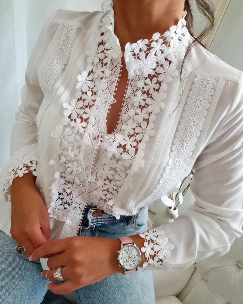 Floral Pattern Lace Patch Long Sleeve Top, Blouses & Shirts, chicme - Women's Fashion Online
