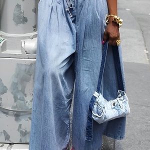 Denim Plain Pockets Casual Wide Leg Jeans, Jeans, color:Blue|size:XXL, Stylewe