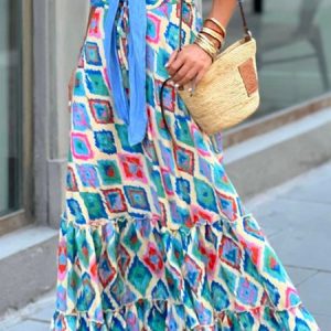 Boho Ethnic H-Line Natural Maxi Skirt, Skirts, color:Blue|size:XL, Noracora