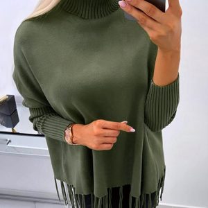 Turtleneck Long Sleeve Tassel Design Knit Sweater, Sweaters & Cardigans, chicme - Women's Fashion Online
