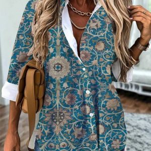 Shirt Collar Casual Floral Tunic Blouse, Shirts, color:Blue|size:XXL, Noracora
