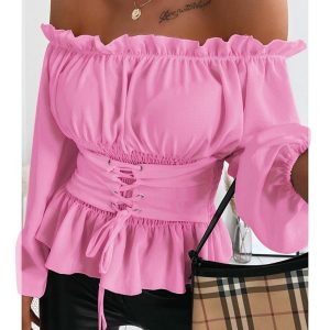 Frill Trim Off Shoulder Long Sleeve Lace-up Front Blouse Casual Shirred Waist Flared Hem Top, women Blouses & Shirts, ChicMe catalog