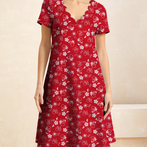 Women Floral Lace Collar Short Sleeve Comfy Casual Short Dress, Dresses, color:Red|size:XXL, Noracora