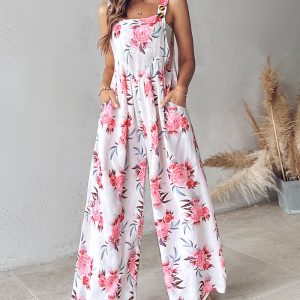 Floral Print Wide Leg Suspender Jumpsuit, Jumpsuits, chicme - Women's Fashion Online