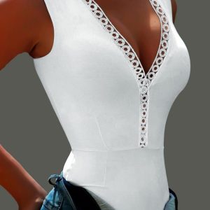 Contrast Lace Sleeveless Bodysuit, Bodysuit, chicme - Women's Fashion Online