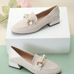 Elegant Plain Non-Slip Slip On Low Heel Loafers Split Joint, Flats/Loafers, color:Apricot|size:43, Noracora