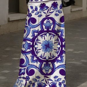 Urban Regular Fit Blue Floral Skirt With No Belt, Skirts, color:Blue|size:XXL, Stylewe