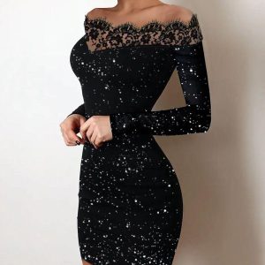 Off Shoulder Contrast Lace Glitter Bodycon Dress, Bodycon Dresses, chicme - Women's Fashion Online