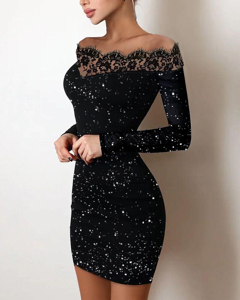 Off Shoulder Contrast Lace Glitter Bodycon Dress, Bodycon Dresses, chicme - Women's Fashion Online