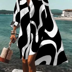 Long sleeve Shirt Collar Regular Fit Urban Chevron Dress, Midi Dresses, color:White|size:XXL, Stylewe