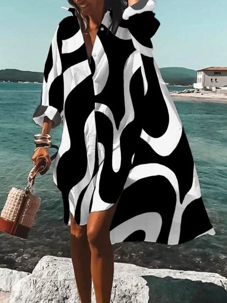 Long sleeve Shirt Collar Regular Fit Urban Chevron Dress, Midi Dresses, color:White|size:XXL, Stylewe