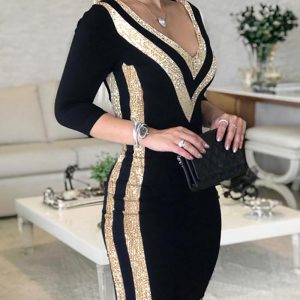 Contrast Sequin V-Neck Bodycon Dress, Bodycon Dresses, chicme - Women's Fashion Online
