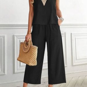 Women Plain V Neck Sleeveless Comfy Casual Lace Top With Pants Two-Piece Set, Sets, color:Black|size:4XL, Noracora