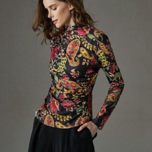 Half Turtleneck Urban Regular Fit Floral T-Shirt, Tees, color:Black|size:XXL, Stylewe