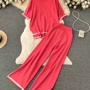 Women Color Block Crew Neck Short Sleeve Comfy Casual Top With Pants Two-Piece Set, Sets, color:Watermelon|size:M, Noracora
