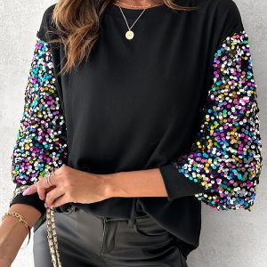 Sequins Patchwork Gigot Sleeve Top, Blouses & Shirts, chicme - Women's Fashion Online