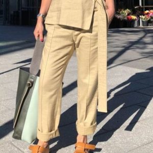 Casual Regular Fit Plain Pants, Pants, color:Light Khaki|size:XXL, Stylewe