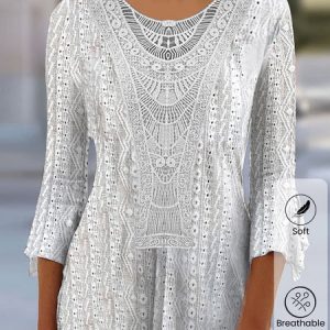Crew Neck Three Quarter Sleeve Plain Lace Regular Micro-Elasticity Loose Shirt For Women, Blouses, color:White|size:XXL, Noracora