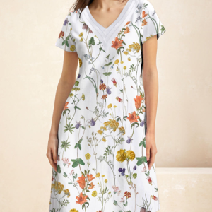Women Floral V Neck Short Sleeve Comfy Casual Short Dress, Dresses, color:White|size:XXL, Noracora