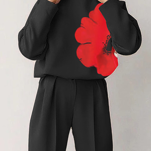 Plus Size Floral Loose Crew Neck Long Sleeve Urban Loose Shirt, Plus Tops, color:Black|size:4X, Stylewe