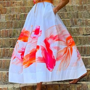 Vacation Abstract Regular Fit Maxi Skirt, Skirts, color:White|size:XXL, Stylewe