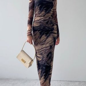 Urban Abstract Crew Neck Floral Long Sleeve Maxi Dress, Maxi Dresses, color:As Picture|size:XXL, Stylewe