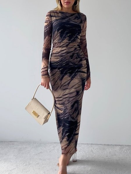 Urban Abstract Crew Neck Floral Long Sleeve Maxi Dress, Maxi Dresses, color:As Picture|size:XXL, Stylewe