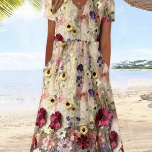 Women Ethnic Lotus Leaf Collar Short Sleeve Comfy Casual Lace Maxi Dress, Dresses, color:Multicolor|size:XXL, Noracora