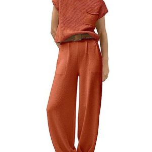 Women Plain Crew Neck Short Sleeve Comfy Casual Top With Pants Two-Piece Set, Sets, color:Rust|size:XXL, Noracora