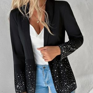 Rhinestone Decor Shawl Collar Long Sleeve Blazer Coat, blazer, chicme - Women's Fashion Online