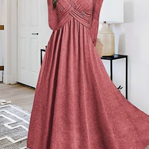 Women Plain V Neck Long Sleeve Comfy Casual Maxi Dress, Dresses, color:Pink|size:L, Noracora