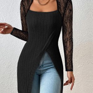 Lace Patch Overlap Long Sleeve Top, T-shirt & Tees, chicme - Women's Fashion Online