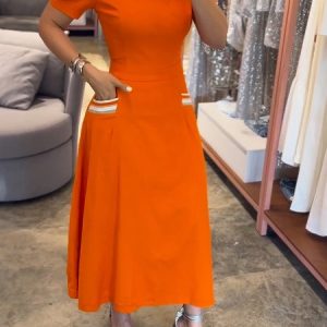 Daily Crew Neck Regular Fit Pockets Short Sleeve Dress, Maxi Dresses, color:Orange|size:XXL, Stylewe
