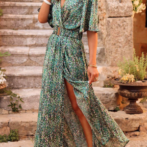 Women Disty Floral V Neck Short Sleeve Comfy Boho Maxi Dress, Dresses, color:Green|size:XXL, Noracora