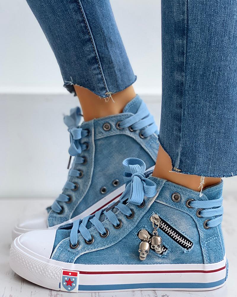 Lace-Up Skeleton Zipper Detail Casual Sneakers, Sneakers, chicme - Women's Fashion Online