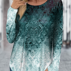 Crew Neck Ethnic Casual Loose T-Shirt, Long sleeves, Lilicloth.com