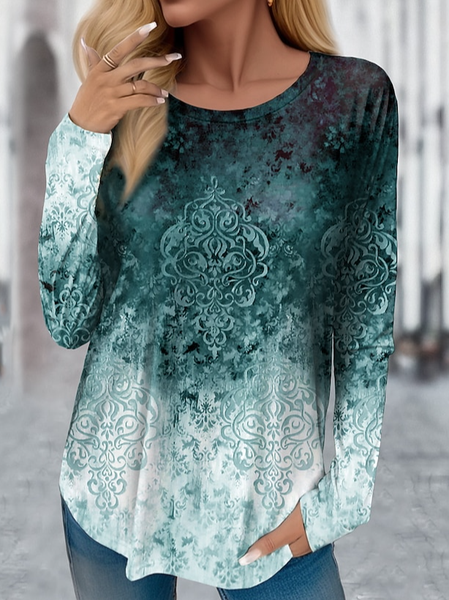 Crew Neck Ethnic Casual Loose T-Shirt, Long sleeves, Lilicloth.com