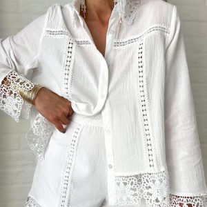 Lace Edge Shirt Collar Vacation Loose Blouse, Blouses and Shirts, color:White|size:XXL, Stylewe