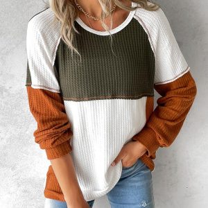 Colorblock Long Sleeve Waffle Knit Top, Blouses & Shirts, chicme - Women's Fashion Online