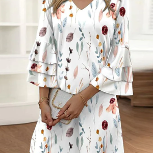 Women Floral V Neck Three Quarter Sleeve Comfy Casual Short Dress, Dresses, color:White|size:XXL, Noracora