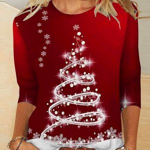Casual Snowflake Crew Neck Three Quarter Sleeve T-shirt, T-shirts, color:Red|size:XXL, Noracora