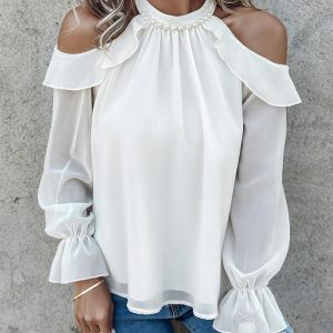 Pearls Decor Ruffles Cold Shoulder Top, T-shirt & Tees, chicme - Women's Fashion Online